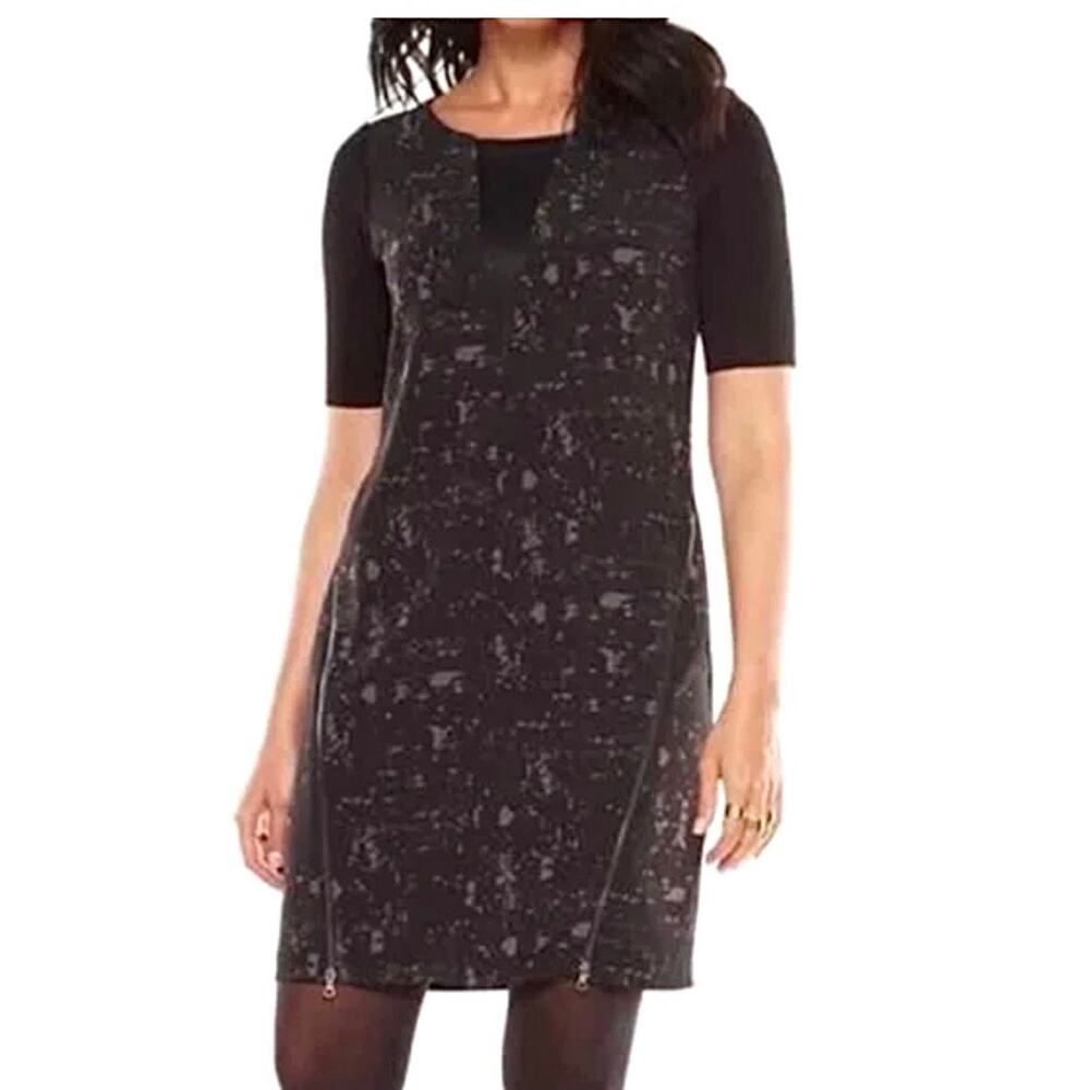 Elie Tahari Dress Sheath Exposed Zip Skirt Short Sleeve Mixed Media Goth Chic M